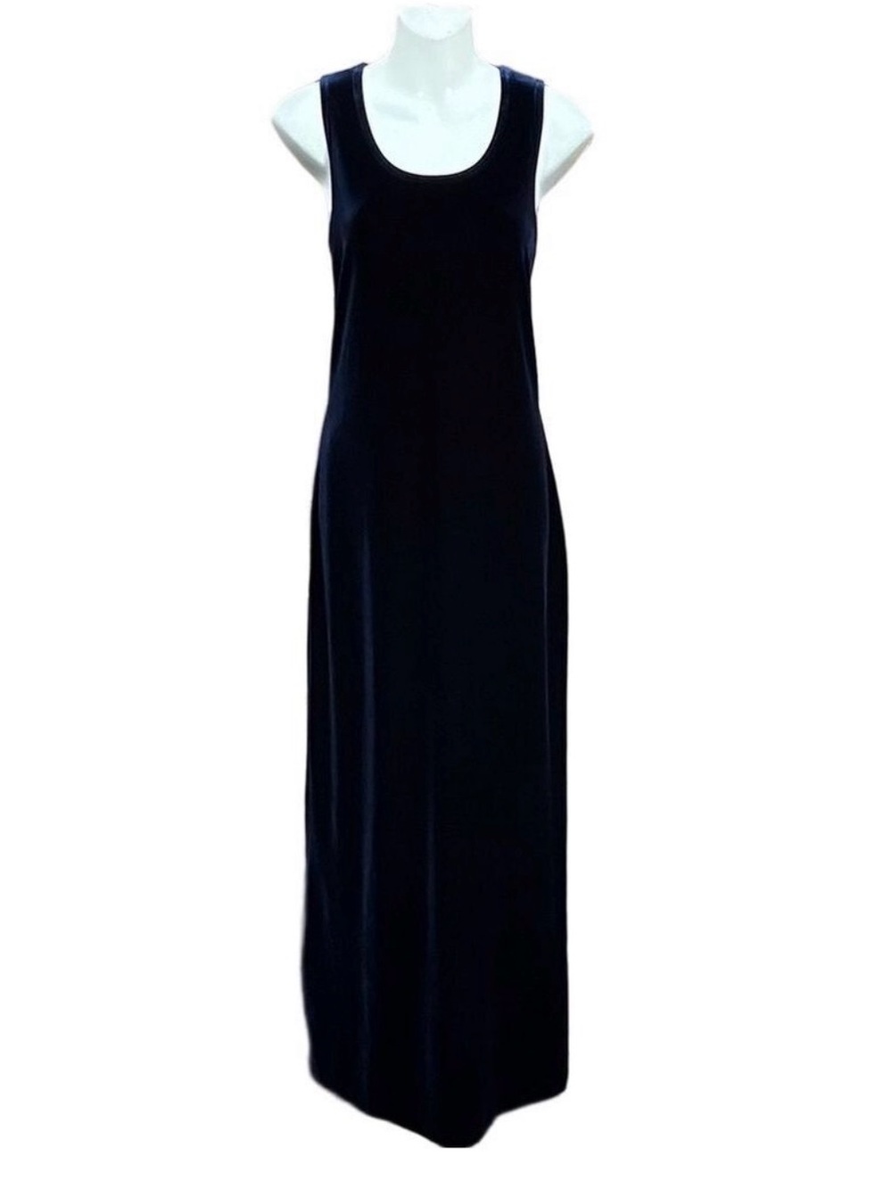 Vintage 90s navy velour velvet maxi dress column tank side slit party scoop neck